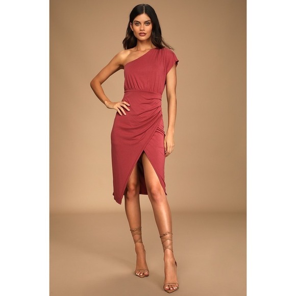 Lulus Dresses & Skirts - Lulus Raise A Glass Rusty Rose One-shoulder Midi Dress Red - Size S